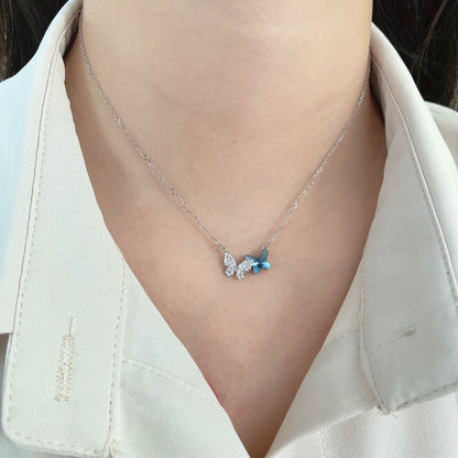 Anmutige Sterling Silber Halskette mit doppelten zweifarbigen Österreichischer Kristall Schmetterling Anhängern - Arabisco